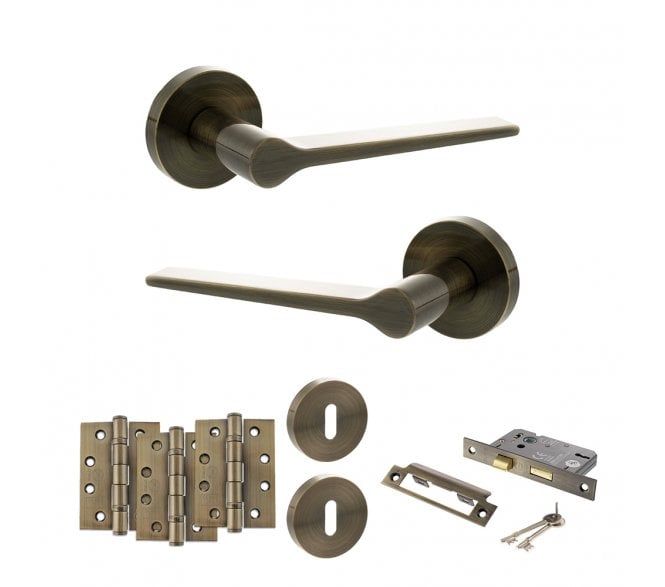 Senza Pari Laviano Door Handle Lock Pack (4 Fire Rated Hinges x3) - Antique Brass
