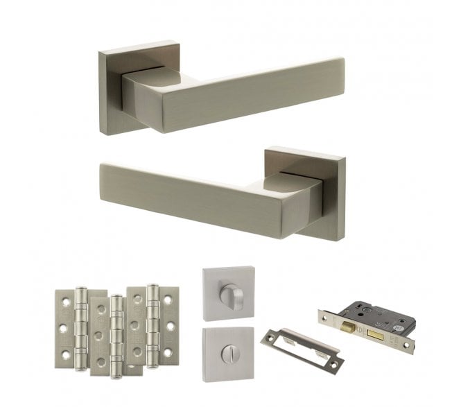 Senza Pari Panetti Door Handle Bathrom Pack (3 Ball Bearing Hinges x3) - Satin Nickel