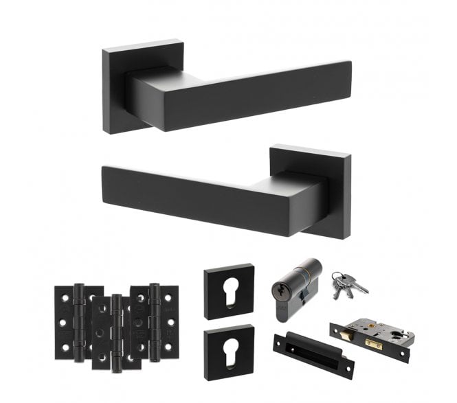 Senza Pari Panetti Door Handle Euro Profile Lock Pack (3 Ball Bearing Hinges x3) - Matt Black