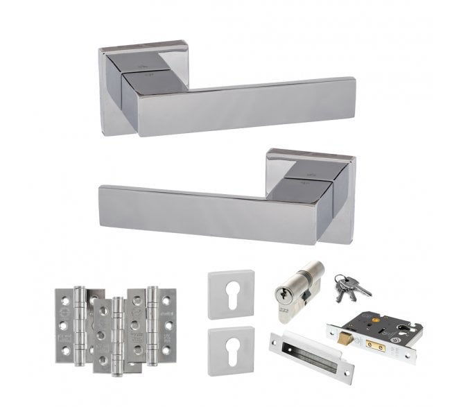 Senza Pari Panetti Door Handle Euro Profile Lock Pack (3 Ball Bearing Hinges x3) - Polished Chrome