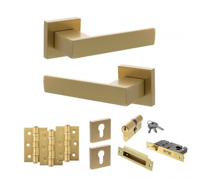 Senza Pari Panetti Door Handle Euro Profile Lock Pack (3 Ball Bearing Hinges x3) - Satin Brass