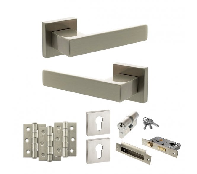 Senza Pari Panetti Door Handle Euro Profile Lock Pack (3 Ball Bearing Hinges x3) - Satin Nickel