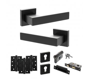 Senza Pari Panetti Door Handle Euro Profile Lock Pack (4 Fire Rated Hinges x3) - Matt Black