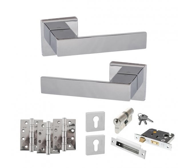 Senza Pari Panetti Door Handle Euro Profile Lock Pack (4 Fire Rated Hinges x3) - Polished Chrome