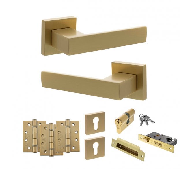 Senza Pari Panetti Door Handle Euro Profile Lock Pack (4 Fire Rated Hinges x3) - Satin Brass