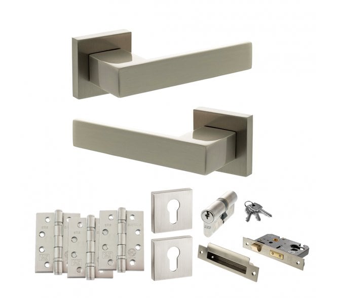 Senza Pari Panetti Door Handle Euro Profile Lock Pack (4 Fire Rated Hinges x3) - Satin Nickel