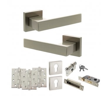Senza Pari Panetti Door Handle Euro Profile Lock Pack (4 Fire Rated Hinges x3) - Satin Nickel