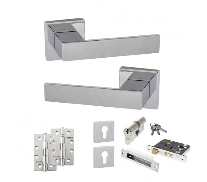 Senza Pari Panetti Door Handle Euro Profile Lock Pack (4 Slim Knuckle Hinges x2) - Polished Chrome