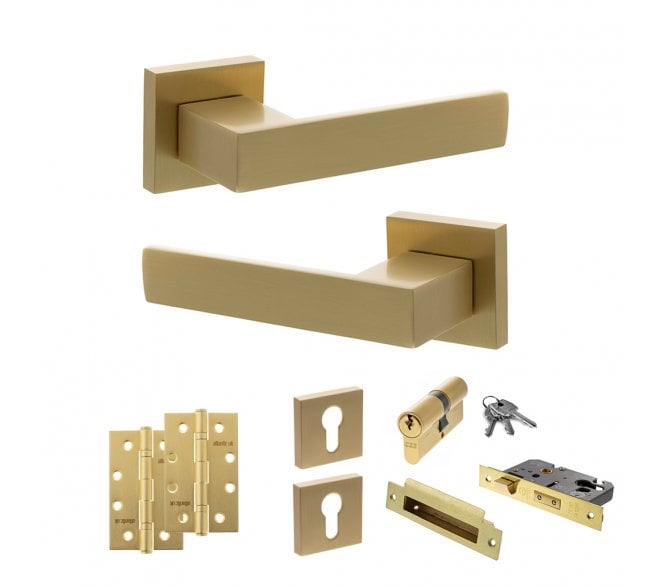Senza Pari Panetti Door Handle Euro Profile Lock Pack (4 Slim Knuckle Hinges x2) - Satin Brass