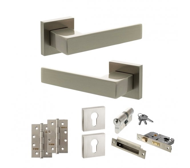 Senza Pari Panetti Door Handle Euro Profile Lock Pack (4 Slim Knuckle Hinges x2) - Satin Nickel