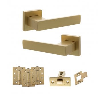 Senza Pari Panetti Door Handle Latch Pack (4 Fire Rated Hinges x3) - Satin Brass