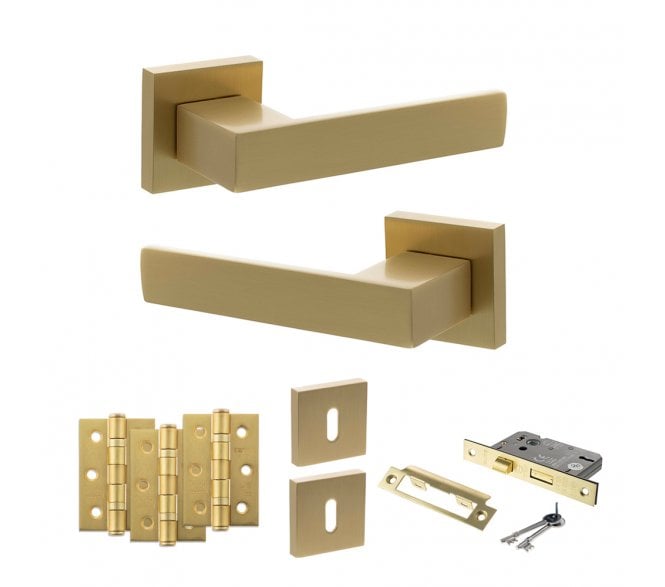 Senza Pari Panetti Door Handle Lock Pack (3 Ball Bearing Hinges x3) - Satin Brass