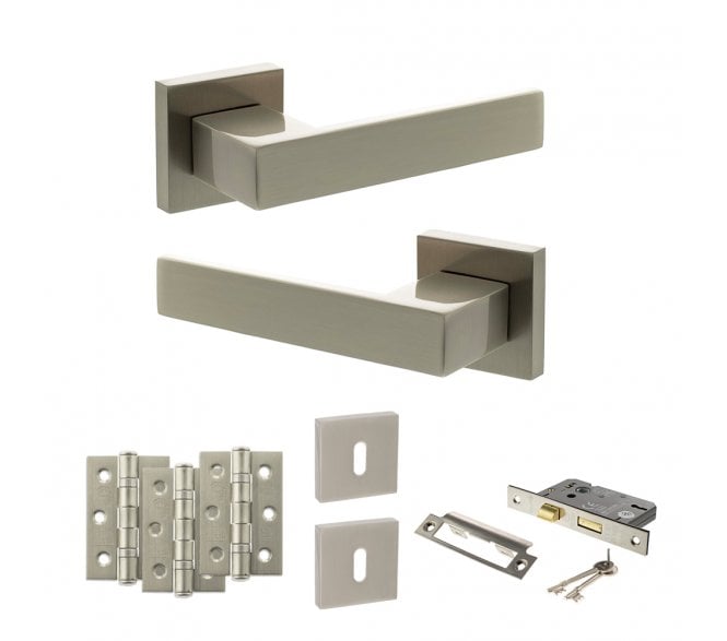 Senza Pari Panetti Door Handle Lock Pack (3 Ball Bearing Hinges x3) - Satin Nickel