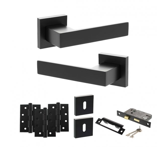 Senza Pari Panetti Door Handle Lock Pack (4 Fire Rated Hinges x3) - Matt Black