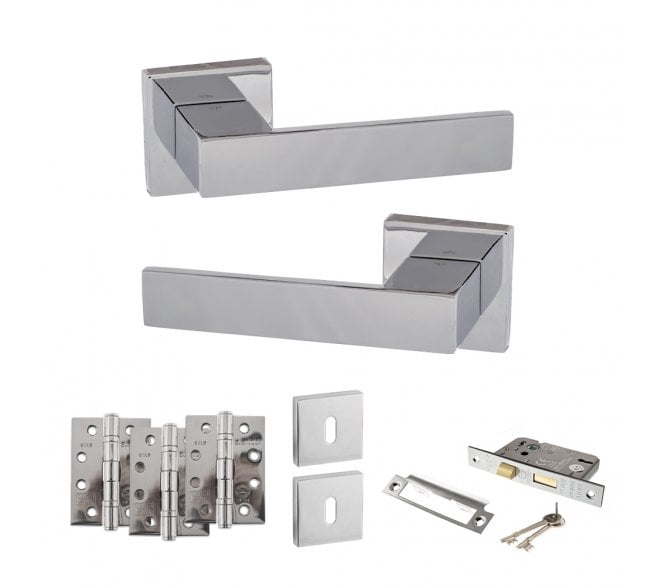 Senza Pari Panetti Door Handle Lock Pack (4 Fire Rated Hinges x3) - Polished Chrome