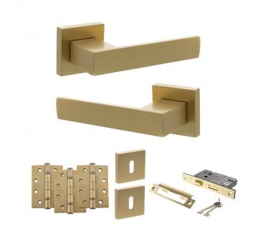 Senza Pari Panetti Door Handle Lock Pack (4 Fire Rated Hinges x3) - Satin Brass