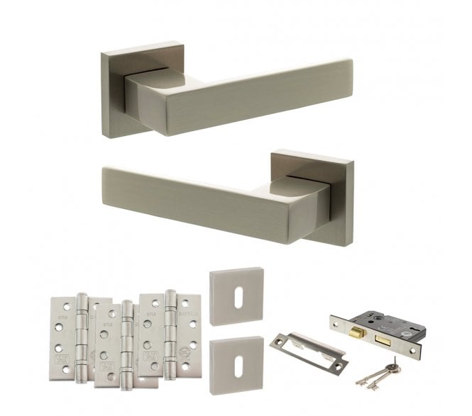 Senza Pari Panetti Door Handle Lock Pack (4 Fire Rated Hinges x3) - Satin Nickel