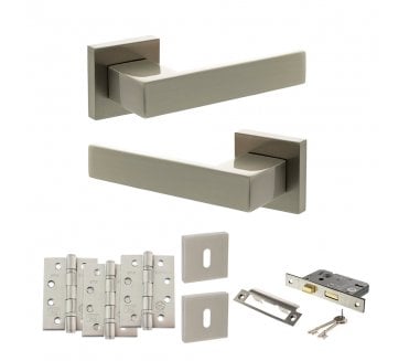 Senza Pari Panetti Door Handle Lock Pack (4 Fire Rated Hinges x3) - Satin Nickel