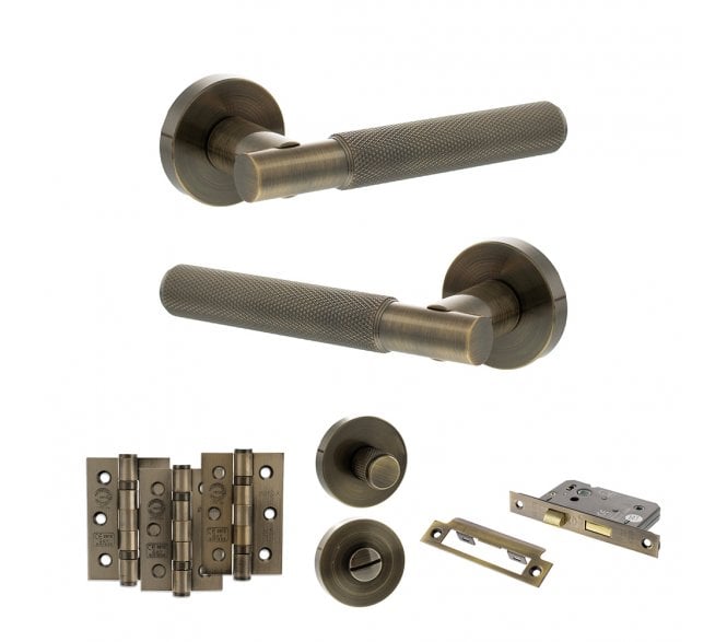 Senza Pari Rosarno Door Handle Bathroom Pack (3 Ball Bearing Hinges x3) - Antique Brass