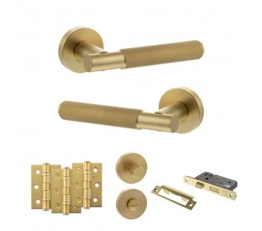 Senza Pari Rosarno Door Handle Bathroom Pack (3 Ball Bearing Hinges x3) - Satin Brass