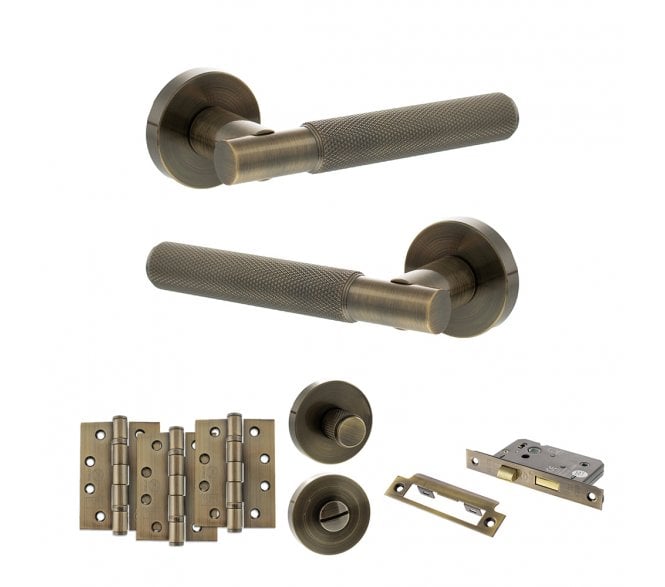 Senza Pari Rosarno Door Handle Bathroom Pack (4 Fire Rated Hinges x3) - Antique Brass