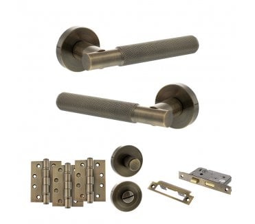 Senza Pari Rosarno Door Handle Bathroom Pack (4 Fire Rated Hinges x3) - Antique Brass