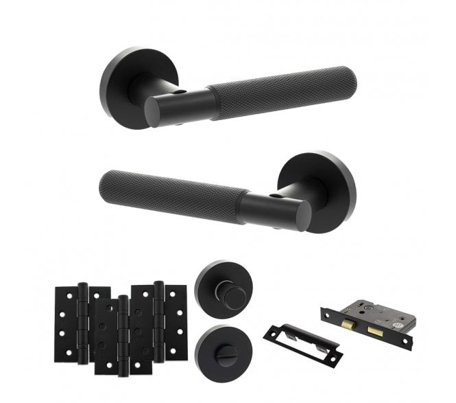 Senza Pari Rosarno Door Handle Bathroom Pack (4 Fire Rated Hinges x3) - Matt Black