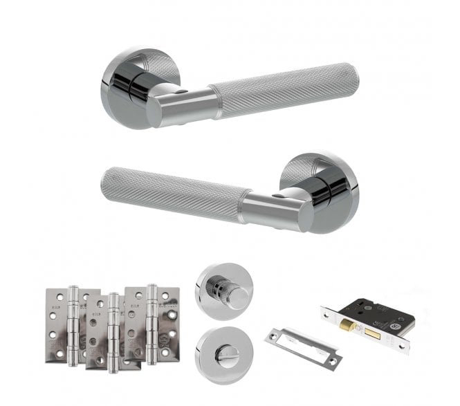 Senza Pari Rosarno Door Handle Bathroom Pack (4 Fire Rated Hinges x3) - Polished Chrome
