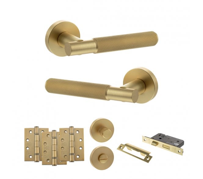 Senza Pari Rosarno Door Handle Bathroom Pack (4 Fire Rated Hinges x3) - Satin Brass