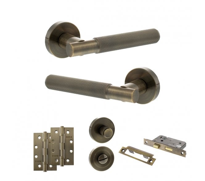 Senza Pari Rosarno Door Handle Bathroom Pack (4 Slim Knuckle Hinges x2) - Antique Brass