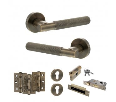 Senza Pari Rosarno Door Handle Euro Profile Lock Pack (3 Ball Bearing Hinges x3) - Antique Brass