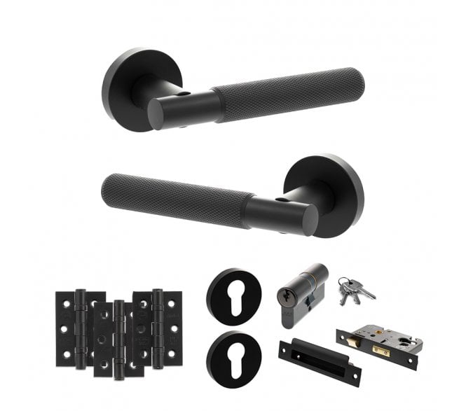 Senza Pari Rosarno Door Handle Euro Profile Lock Pack (3 Ball Bearing Hinges x3) - Matt Black