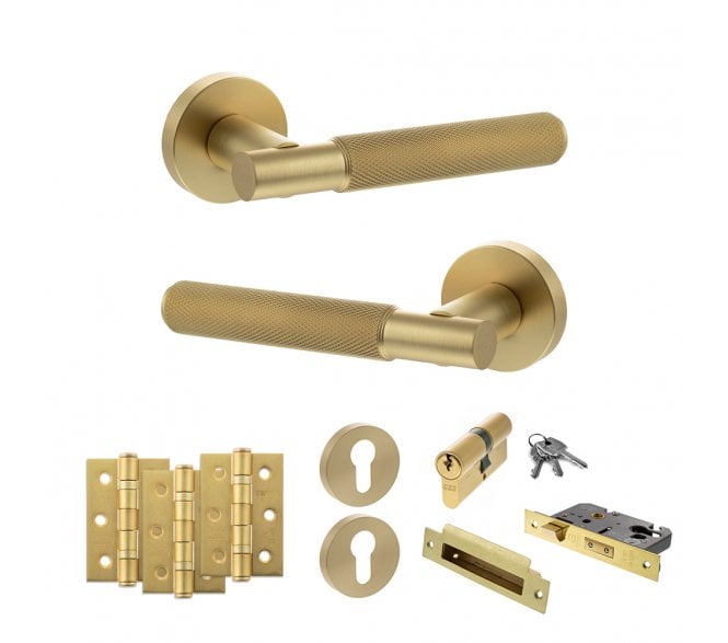 Senza Pari Rosarno Door Handle Euro Profile Lock Pack (3 Ball Bearing Hinges x3) - Satin Brass