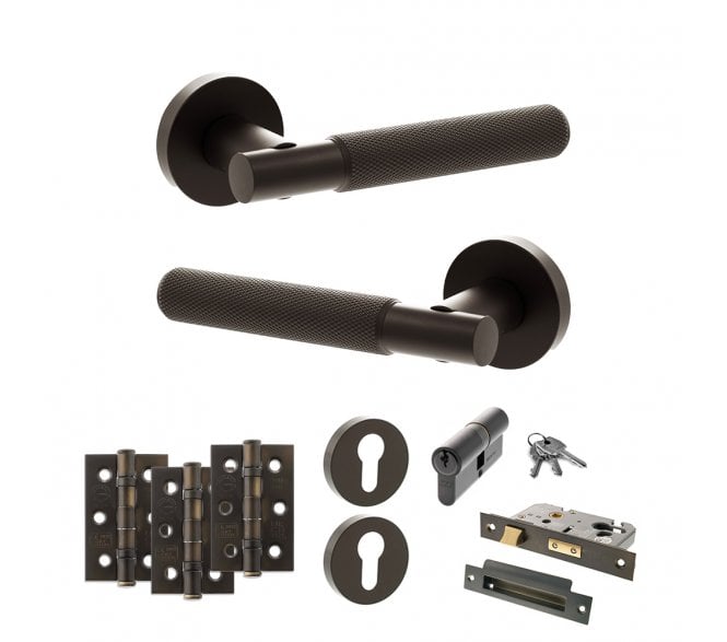 Senza Pari Rosarno Door Handle Euro Profile Lock Pack (3 Ball Bearing Hinges x3) - Urban Dark Bronze