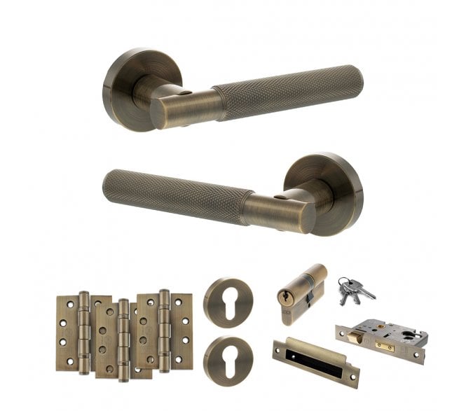 Senza Pari Rosarno Door Handle Euro Profile Lock Pack (4 Fire Rated Hinges x3) - Antique Brass