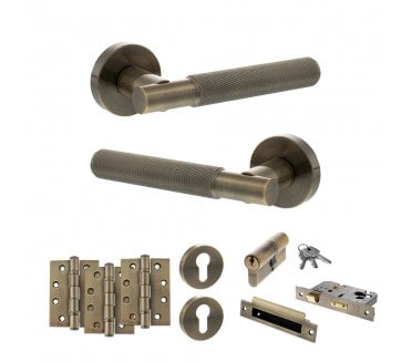 Senza Pari Rosarno Door Handle Euro Profile Lock Pack (4 Fire Rated Hinges x3) - Antique Brass