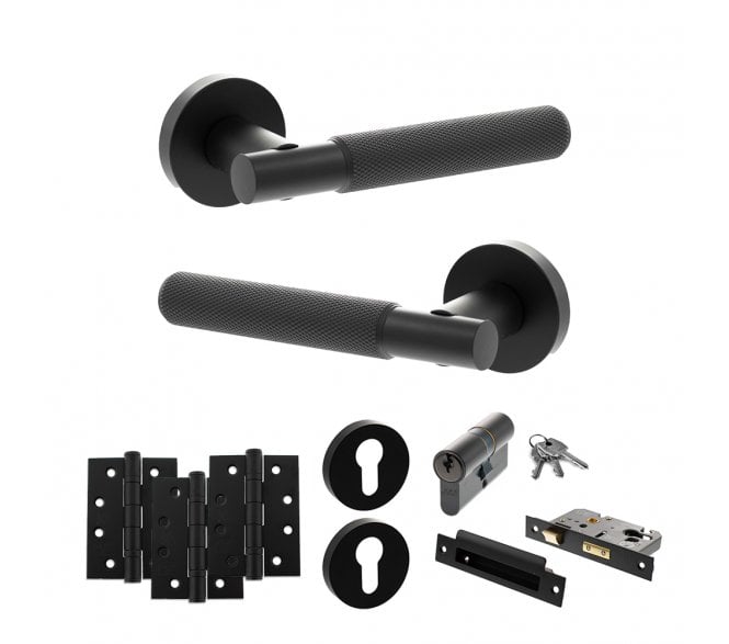 Senza Pari Rosarno Door Handle Euro Profile Lock Pack (4 Fire Rated Hinges x3) - Matt Black