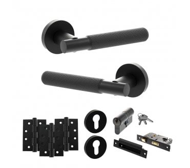 Senza Pari Rosarno Door Handle Euro Profile Lock Pack (4 Fire Rated Hinges x3) - Matt Black