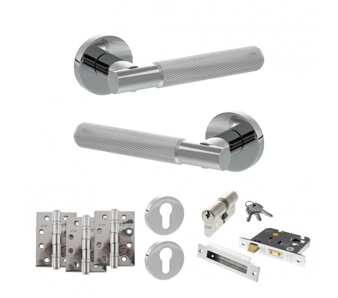 Senza Pari Rosarno Door Handle Euro Profile Lock Pack (4 Fire Rated Hinges x3) - Polished Chrome