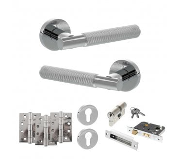 Senza Pari Rosarno Door Handle Euro Profile Lock Pack (4 Fire Rated Hinges x3) - Polished Chrome