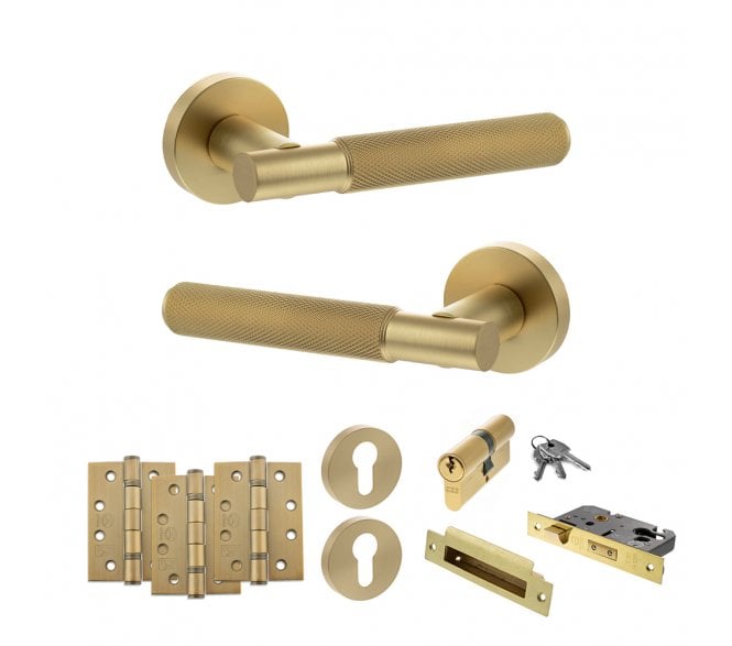 Senza Pari Rosarno Door Handle Euro Profile Lock Pack (4 Fire Rated Hinges x3) - Satin Brass