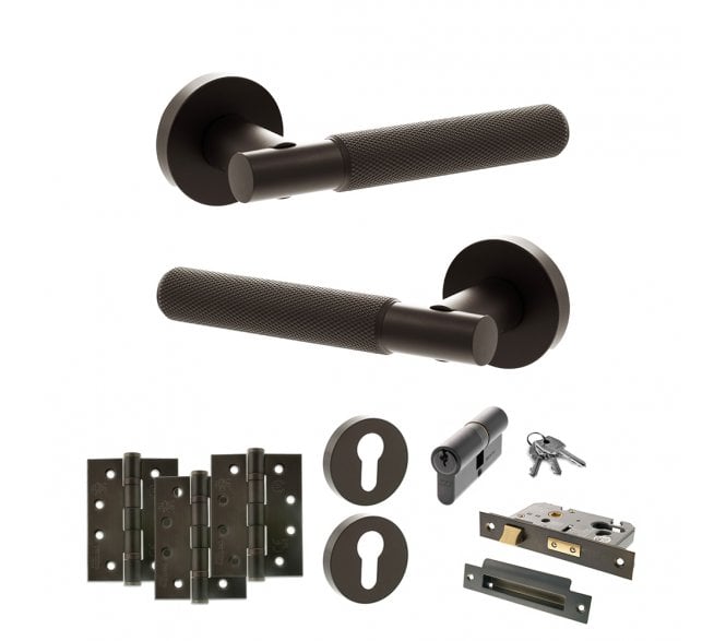 Senza Pari Rosarno Door Handle Euro Profile Lock Pack (4 Fire Rated Hinges x3) - Urban Dark Bronze