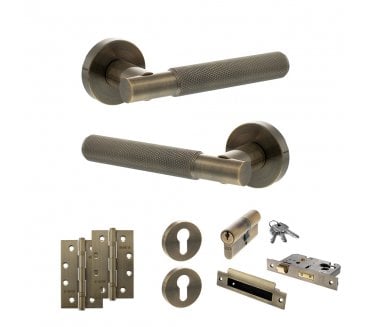 Senza Pari Rosarno Door Handle Euro Profile Lock Pack (4 Slim Knuckle Hinges x2) - Antique Brass