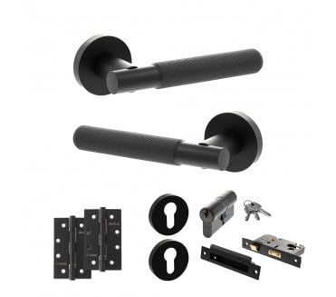 Senza Pari Rosarno Door Handle Euro Profile Lock Pack (4 Slim Knuckle Hinges x2) - Matt Black