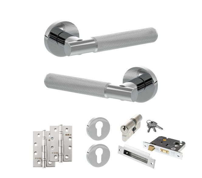 Senza Pari Rosarno Door Handle Euro Profile Lock Pack (4 Slim Knuckle Hinges x2) - Polished Chrome