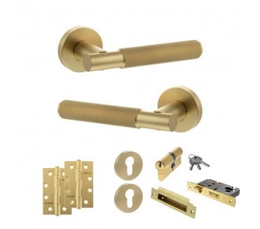 Senza Pari Rosarno Door Handle Euro Profile Lock Pack (4 Slim Knuckle Hinges x2) - Satin Brass