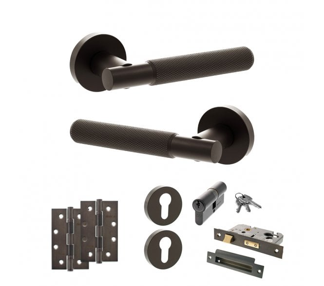 Senza Pari Rosarno Door Handle Euro Profile Lock Pack (4 Slim Knuckle Hinges x2) - Urban Dark Bronze