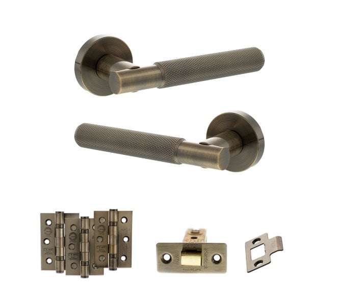 Senza Pari Rosarno Door Handle Latch Pack (3 Ball Bearing Hinges x3) - Antique Brass