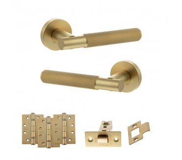 Senza Pari Rosarno Door Handle Latch Pack (4 Fire Rated Hinges x3) - Satin Brass