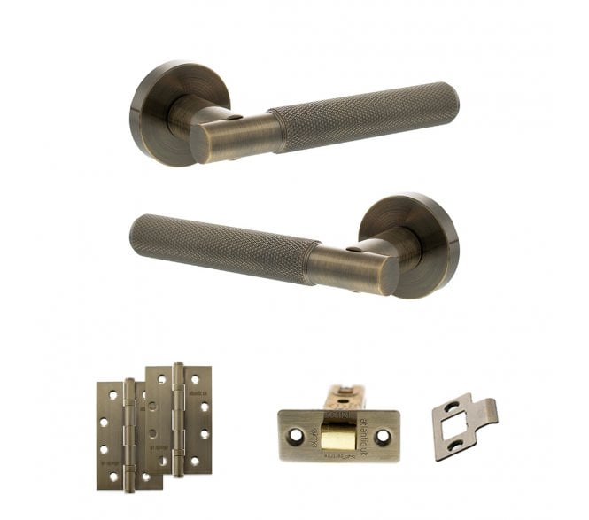 Senza Pari Rosarno Door Handle Latch Pack (4 Slim Knuckle Hinges x2) - Antique Brass